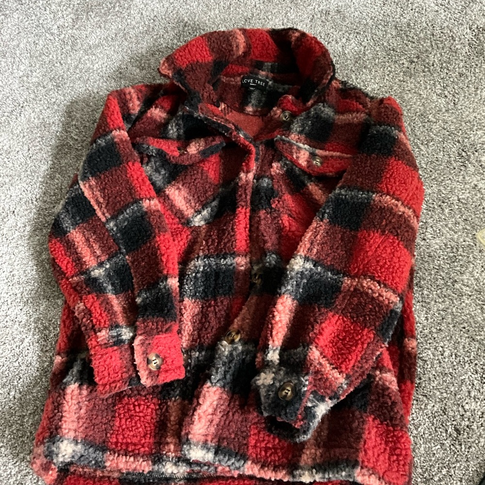 Love Tree Red and Black Checkered Fleece Jacket